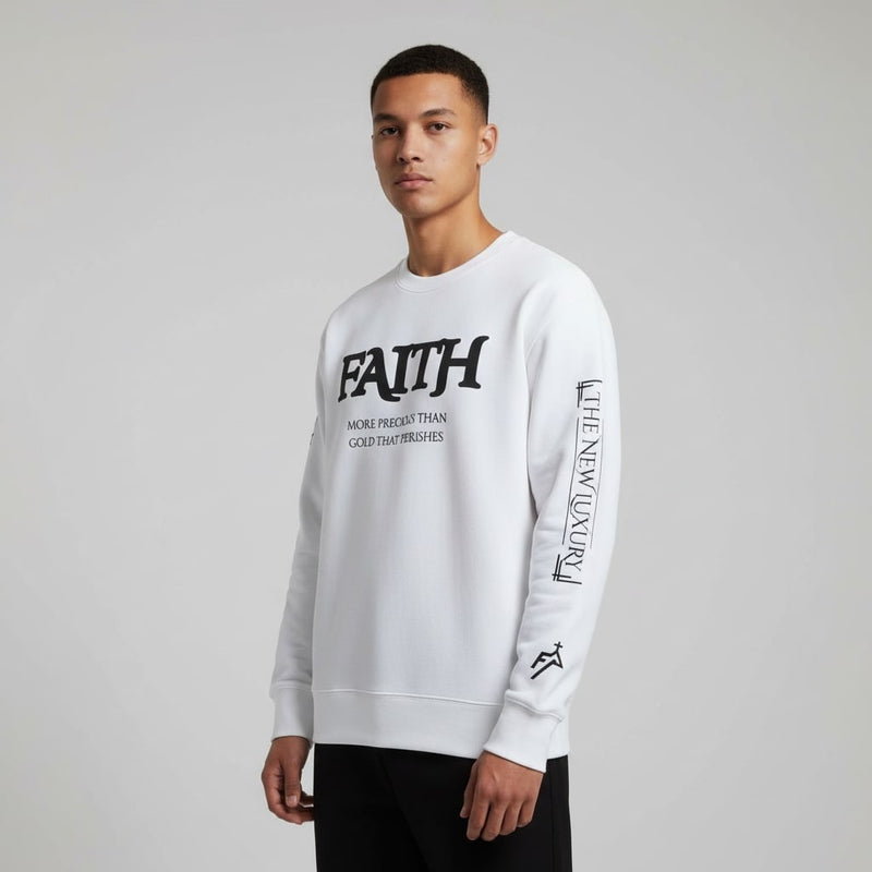White FAITH Sweatshirt “More Precious Than Gold That Perishes…” Prominent 3 G