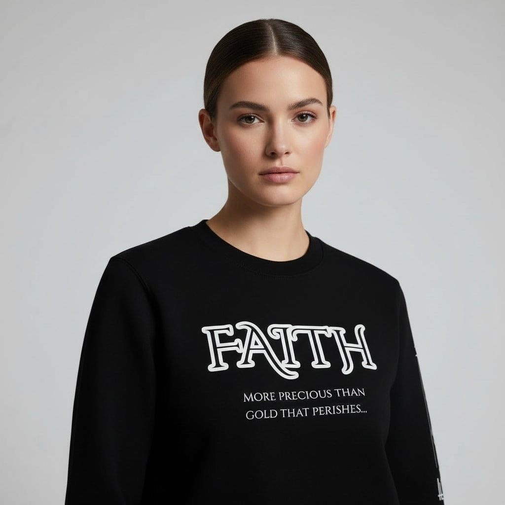 Black FAITH Sweatshirt “More Precious Than Gold That Perishes…” Prominent 3 G